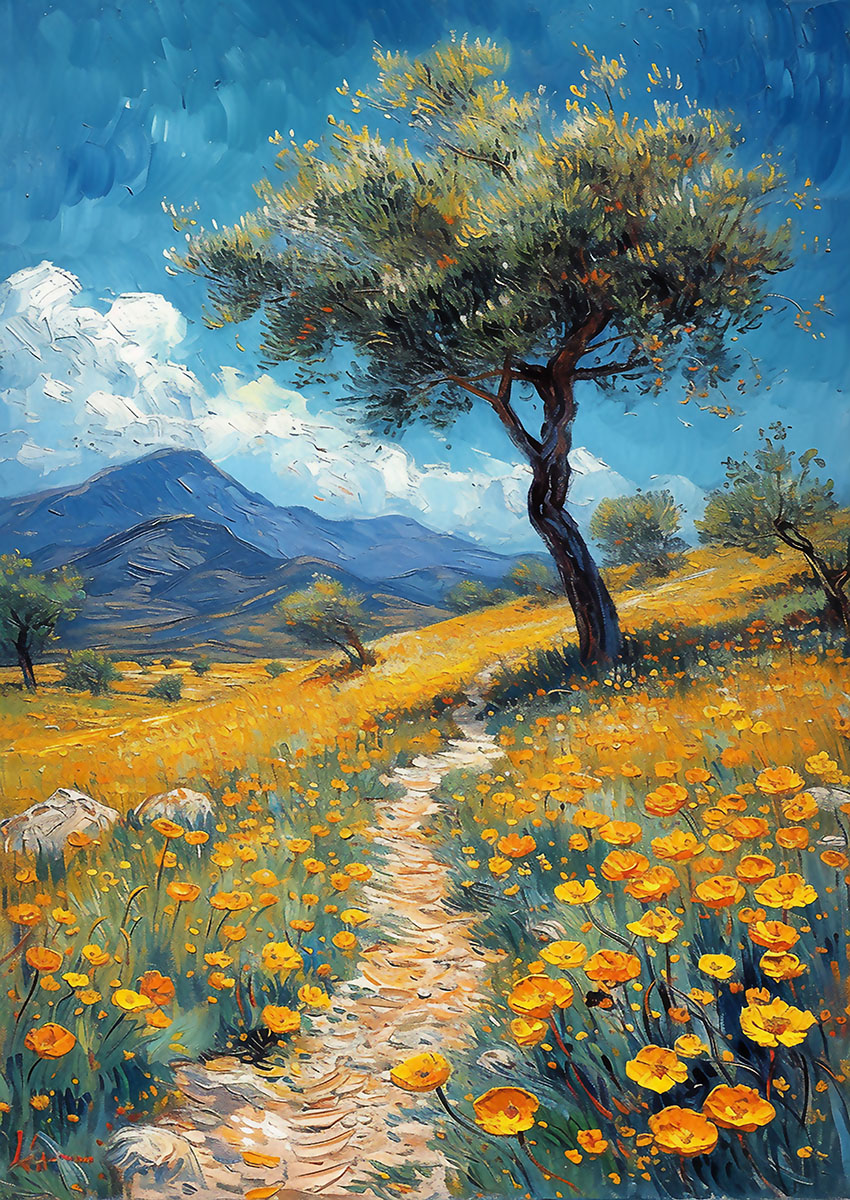 Vibrant artwork of a yellow flowering landscape with a winding path and blue sky.